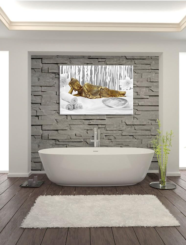 Pixxprint Goldener Buddha auf Handtuch / 100x70cm Leinwandbild bespannt auf Holzrahmen/Wandbild Kuns