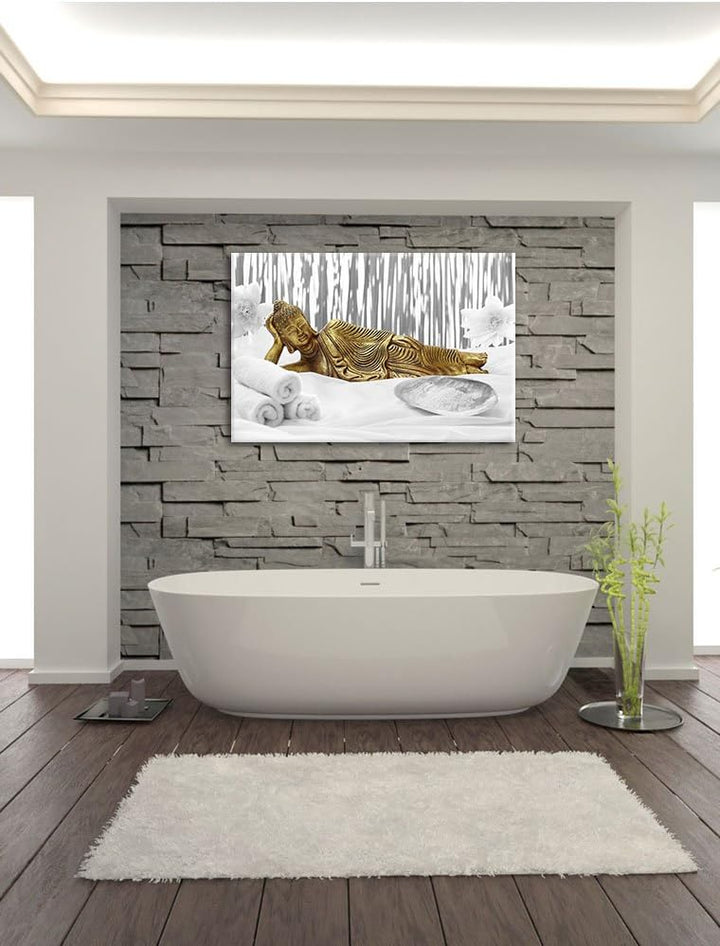 Pixxprint Goldener Buddha auf Handtuch / 100x70cm Leinwandbild bespannt auf Holzrahmen/Wandbild Kuns