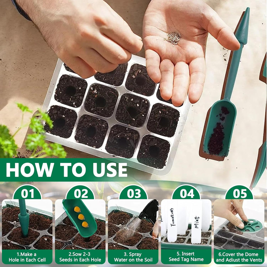 Zimmergewächshaus Anzuchtkasten, 10 Stück 120 Zellen Mini Gewächshaus Anzucht Set mit 2 Gartengeräte