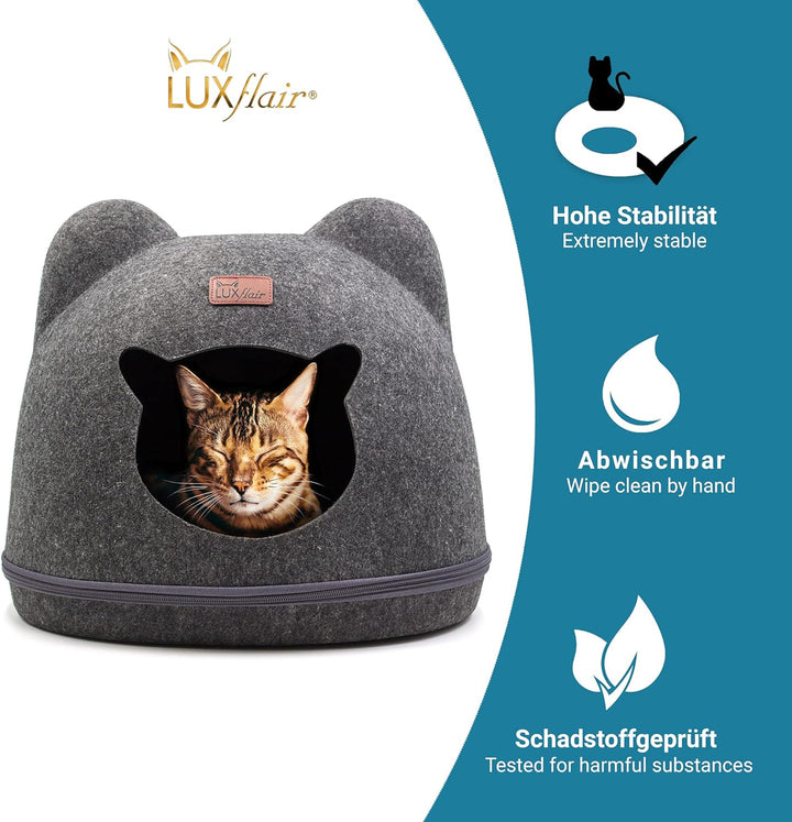 Luxflair Stabile Filz Katzenhöhle mit Ohren, ca. 38x42x36cm gross, waschbar, Liegekissen, dunkelgrau
