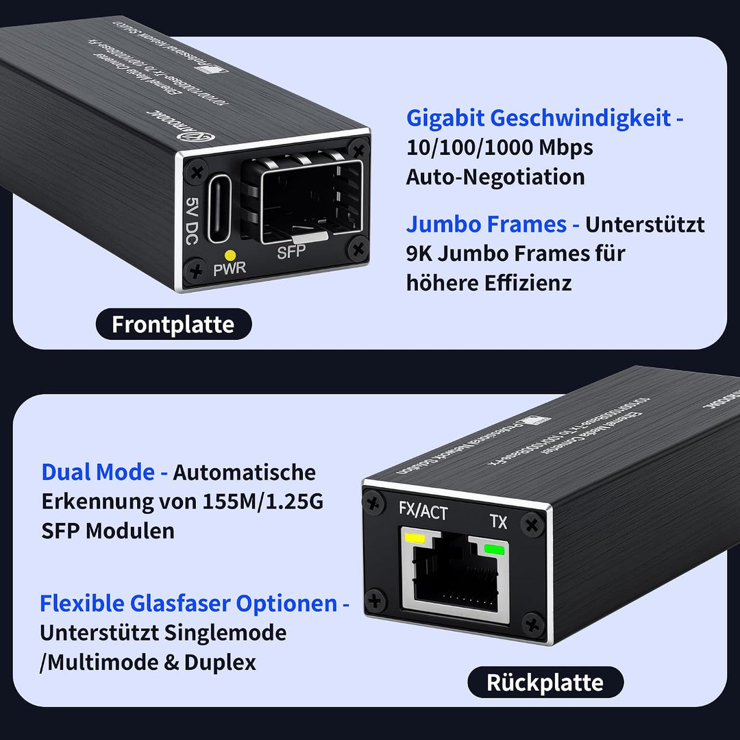 2 Stück Mikro Gigabit Glasfaser Ethernet Medienkonverter – 10/100/1000BASE-T RJ45 auf SFP, Duale Str