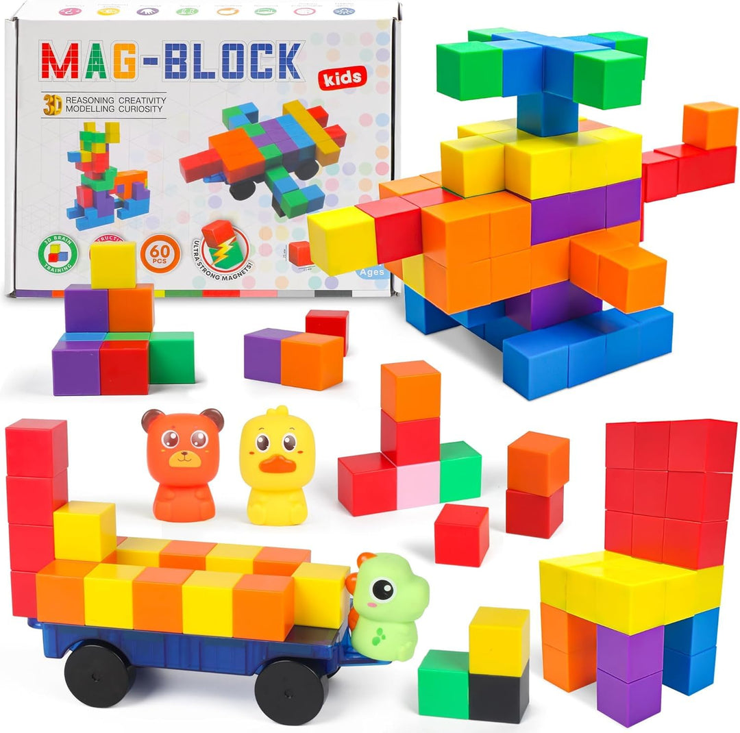 LONEEDY 60er-Pack magnetisches Bausteinset mit Tierfiguren und magnetischem Wagen – Magnetkonstrukti