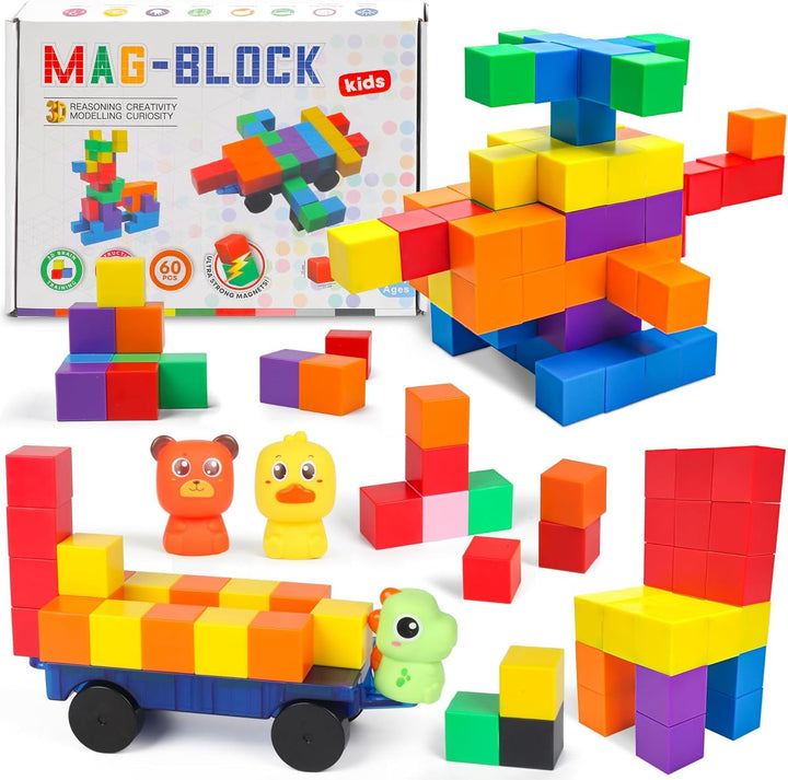 LONEEDY 60er-Pack magnetisches Bausteinset mit Tierfiguren und magnetischem Wagen – Magnetkonstrukti