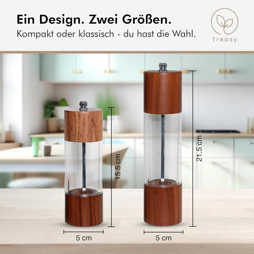 Treasy Salz- und Pfeffermühlen Set aus Holz – 2er Set Gewürzmühlen mit Keramikmahlwerk, einstellbare