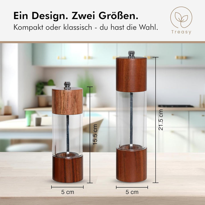 Treasy Salz- und Pfeffermühlen Set aus Holz – 2er Set Gewürzmühlen mit Keramikmahlwerk, einstellbare