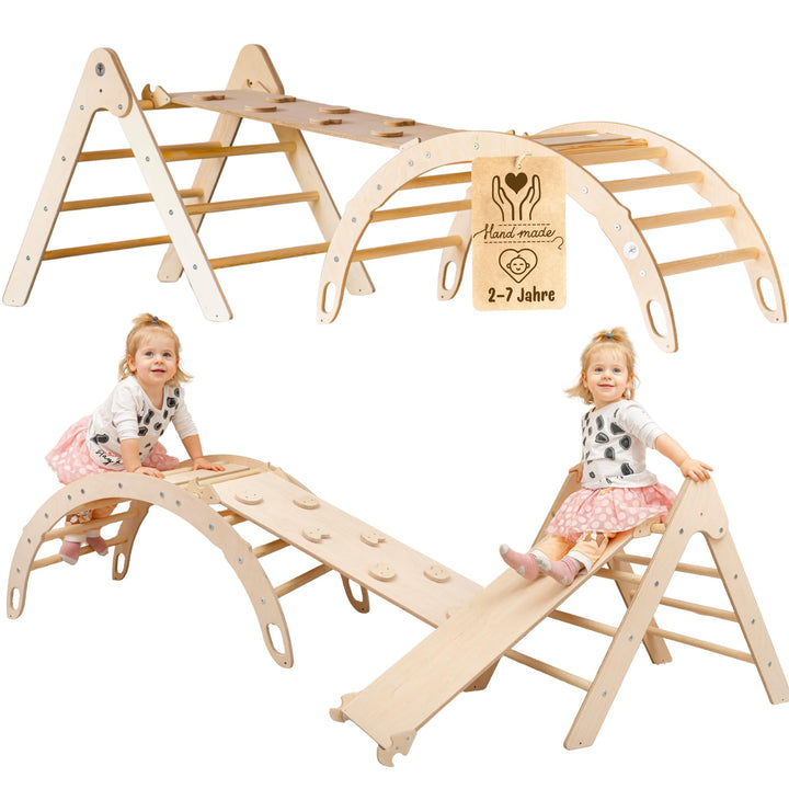 WoodsCraft 3in1 Set: Kletterdreieck mit Rutsche Indoor/Klettern Rampe & Kletterbogen | Holz Montesso