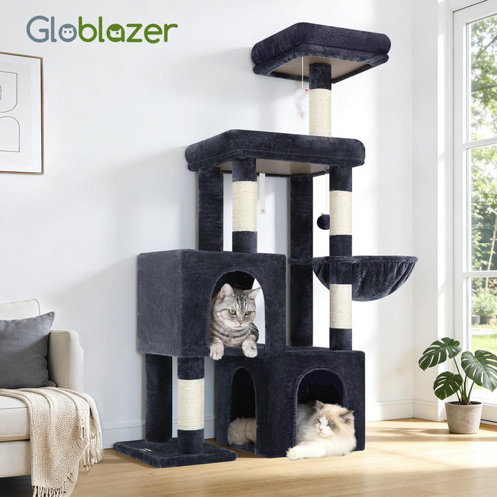 Globlazer Kratzbaum mit 2 Katzenhaus, Grosse Gepolsterte Plattform, Sitzstangen, Katzenkorb, Stable