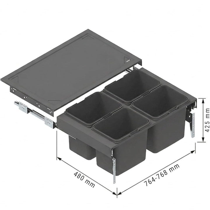 Einbau Mülleimer für 80 cm Küchenschrank 4x20L Abfallsystem mit Metall Vollauszug Soft Close Frontmo