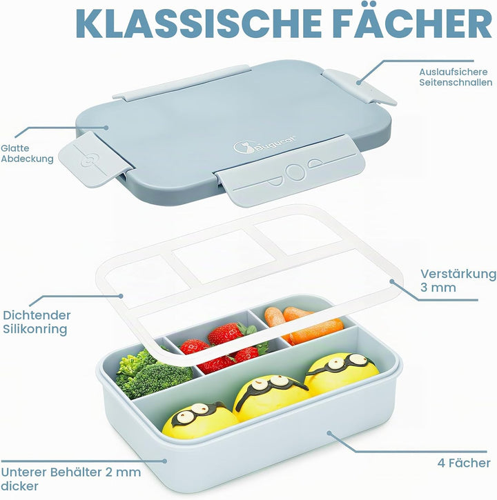 Bugucat Brotdose mit Fächern 1300ML,Lunchbox Kinder Auslaufsicher mit 4 Fächern,Lunch Box Bento Box