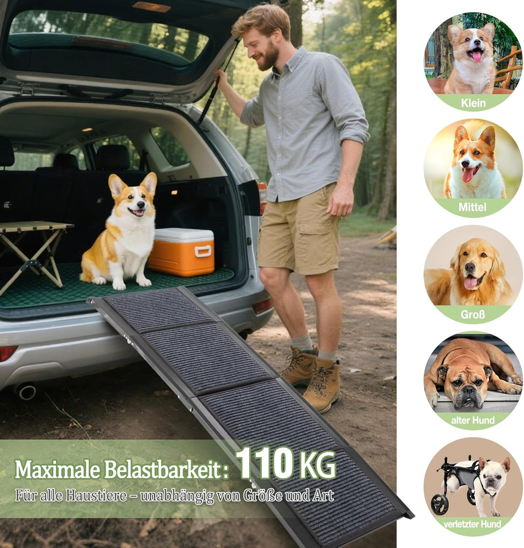 Hunderampe Auto Klappbar, Extra Lange Hunderampe mit Rutschfester Teppich für Grosse Hunde bis 110 K