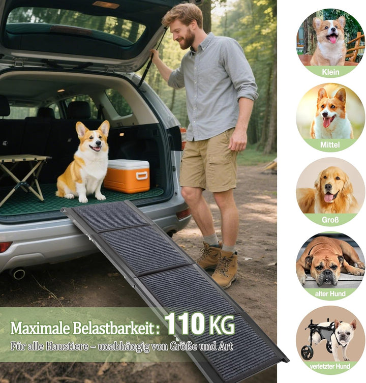 Hunderampe Auto Klappbar, Extra Lange Hunderampe mit Rutschfester Teppich für Grosse Hunde bis 110 K
