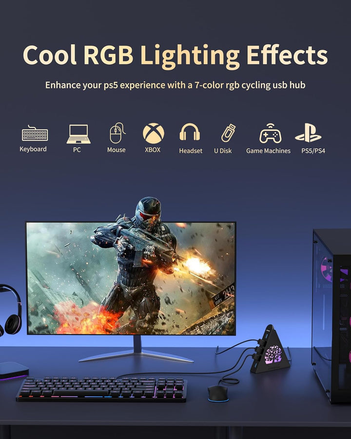 7-Port USB 3.0 Tree Hub, vertikaler USB-Hub-Splitter mit RGB-Baumbeleuchtung, 5 Gbit/s High-Speed-Da