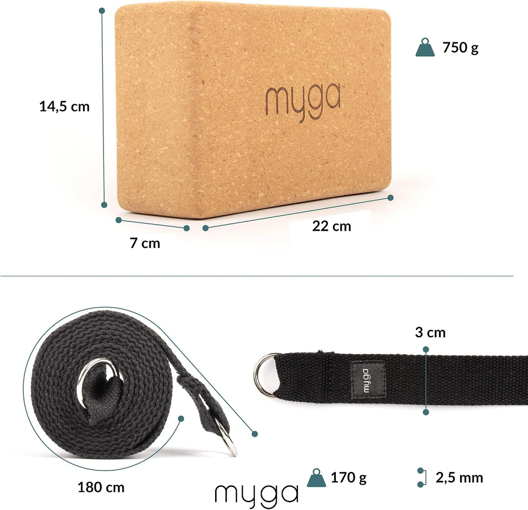 Myga Kork Yoga Zubehör Set | 2 Rutschfeste Kork Yoga Blöcke &amp; Verstellbarer Yoga Gurt | Perfekt für
