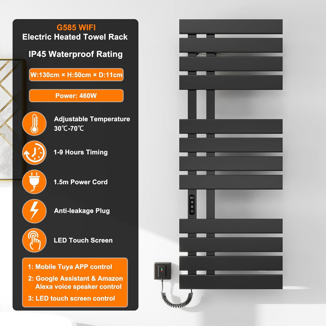 Elektrischer Handtuchhalter, Badheizkörper Elektrisch WiFi Schwarz, 500×1300mm, 460W, für Alexa und