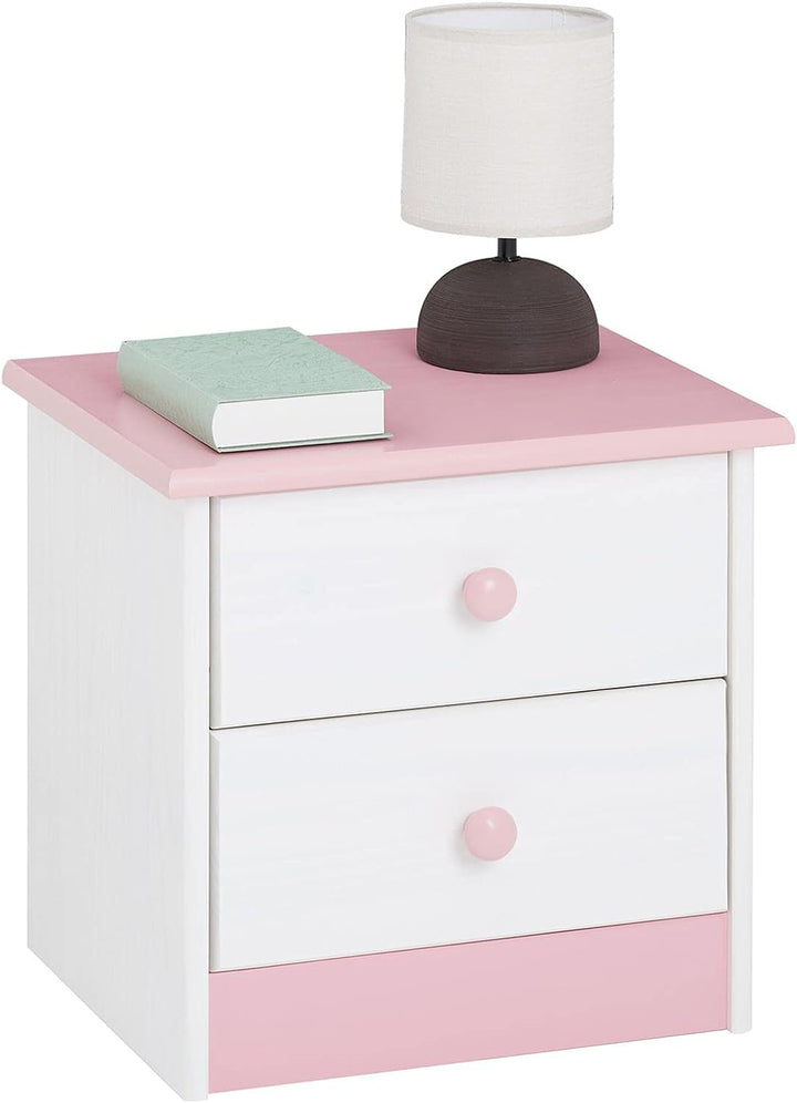 IDIMEX Nachttisch Rondo, Kiefer massiv, weiss-rosa lackiert, 2 Schubladen, Landhausstil, Massivholz,