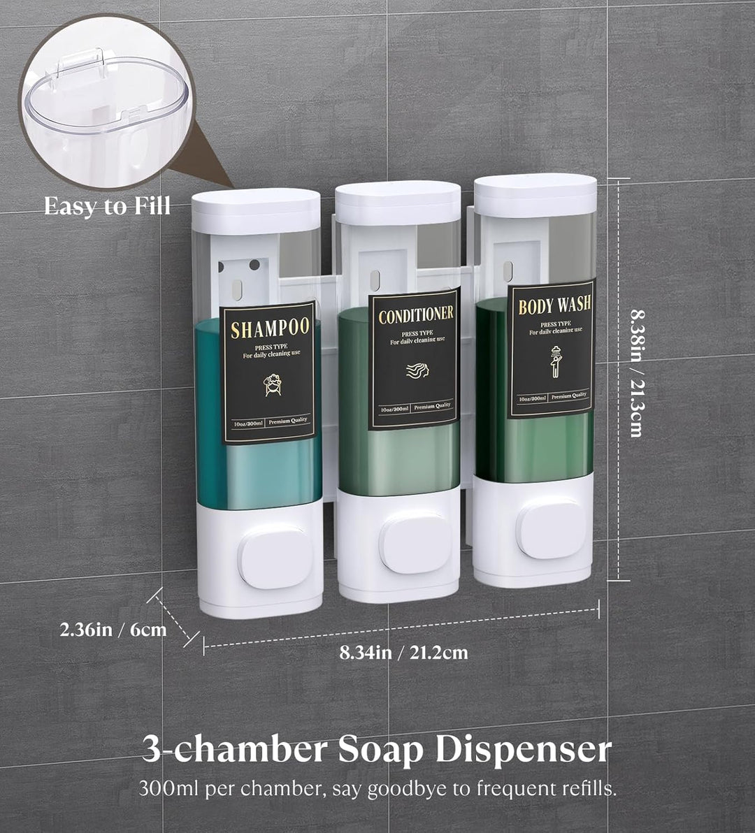 Luxspire Shampoo- und Conditioner-Spender, bohrerloser Wand-Duschseifenspender mit 3 Kammern und was
