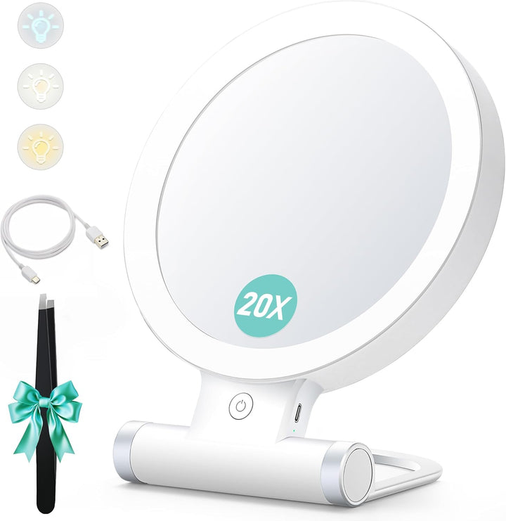 B Beauty Planet Vergrösserungsspiegel mit Licht, 20-fache/1-fach Doppelseitige Tischspiegel,3 Farbli