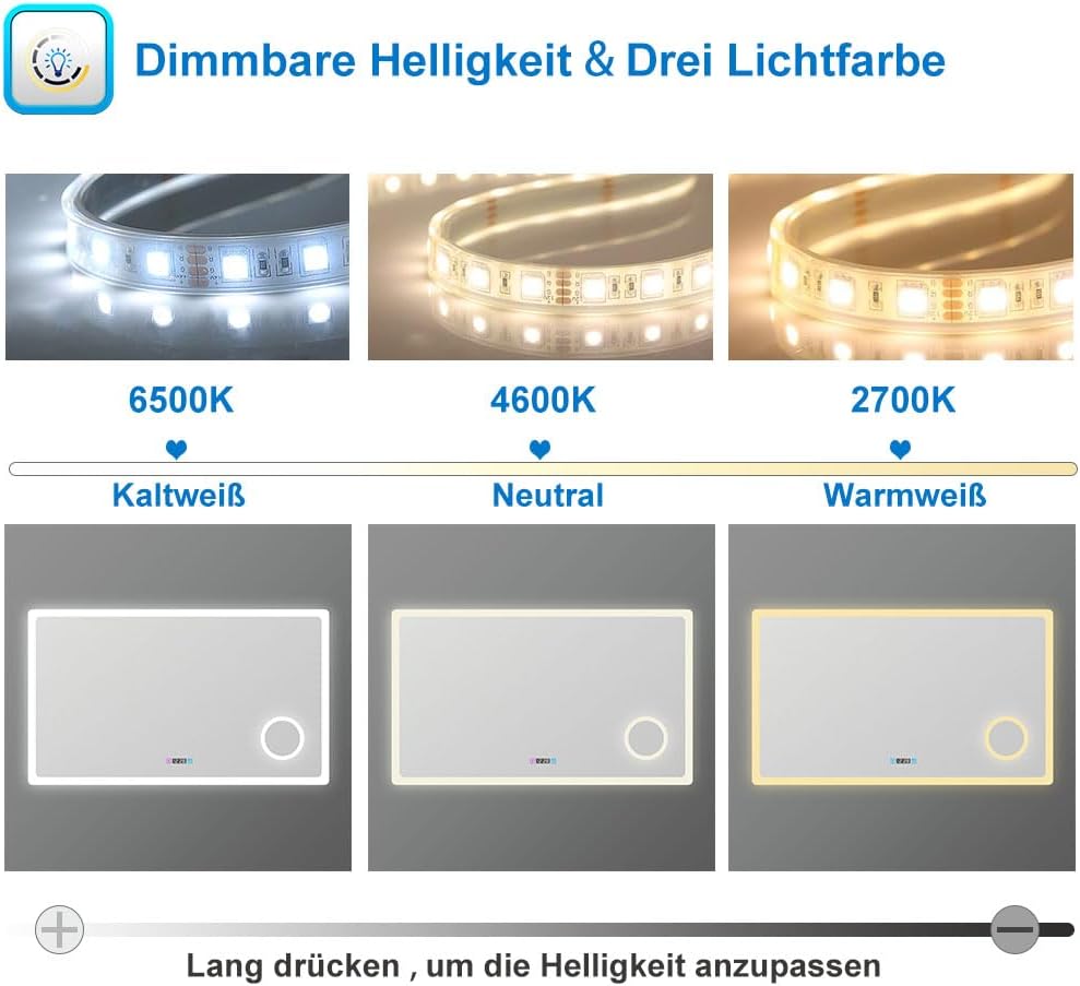 Badezimmerspiegel mit LED 160x80cm LED Spiegel mit Bluetooth Beschlagfrei 3-Fach Schminkspiegel Bads