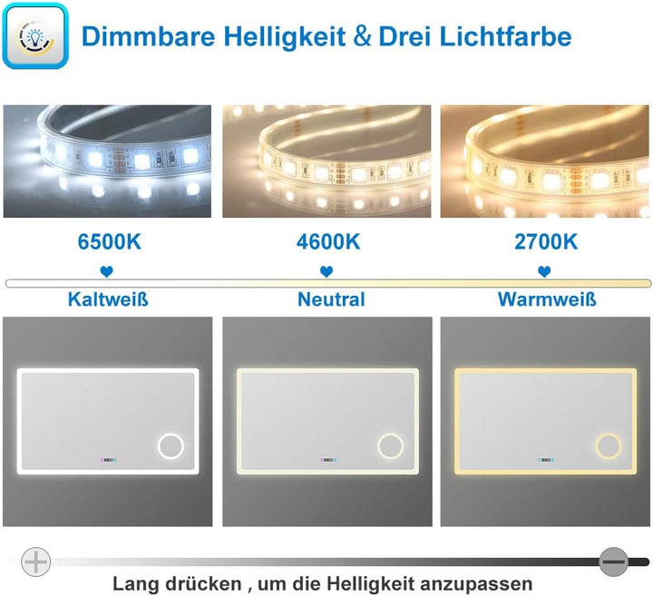 Badezimmerspiegel mit LED 160x80cm LED Spiegel mit Bluetooth Beschlagfrei 3-Fach Schminkspiegel Bads