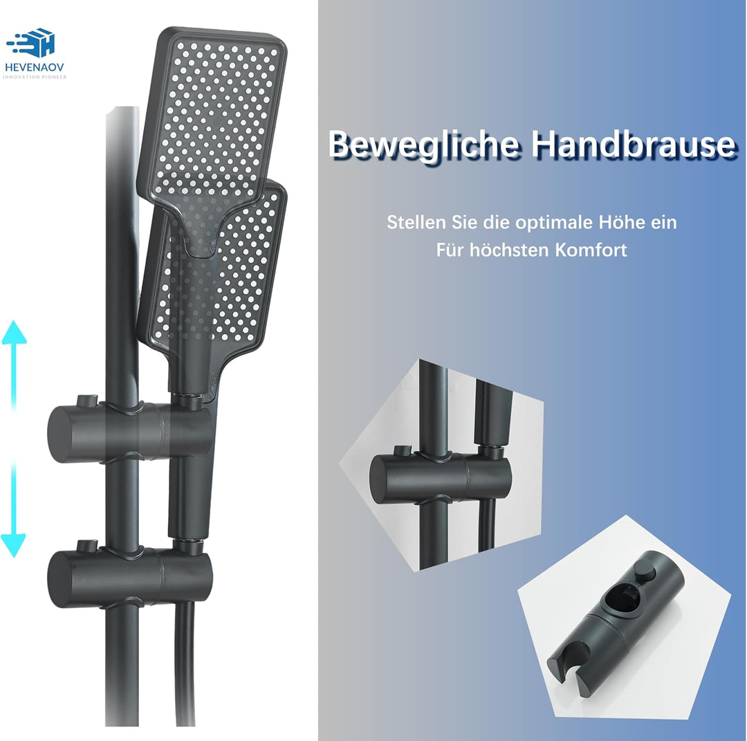 Komplettes schwarzes Duschset, bestehend aus einem Thermostat mit LED-Anzeige, einem 4-in-1-Regendus