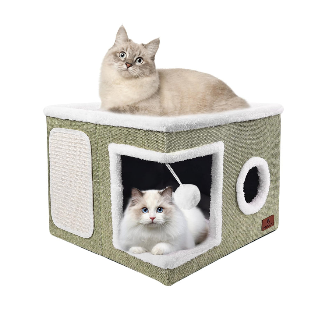 Katzenbetten für Indoor-Katzen, grosses Katzenhöhlenbett mit Kratzunterlage und flauschigem Ball, fa