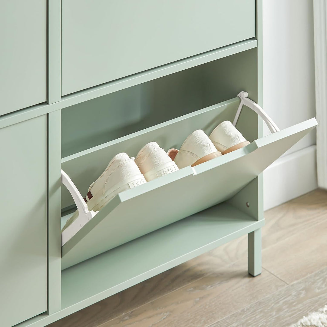 SoBuy Schuhschrank schmal mit 4 Klappen platzsparender Schuhkipper Hoch Kommode mit 4 Ablagen Schuhr