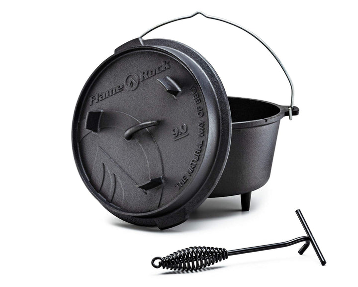 FLAME ROCK Dutch Oven 9.0, traditioneller, gusseiserner Feuertopf mit 7,85 Liter Fassungsvermögen, b
