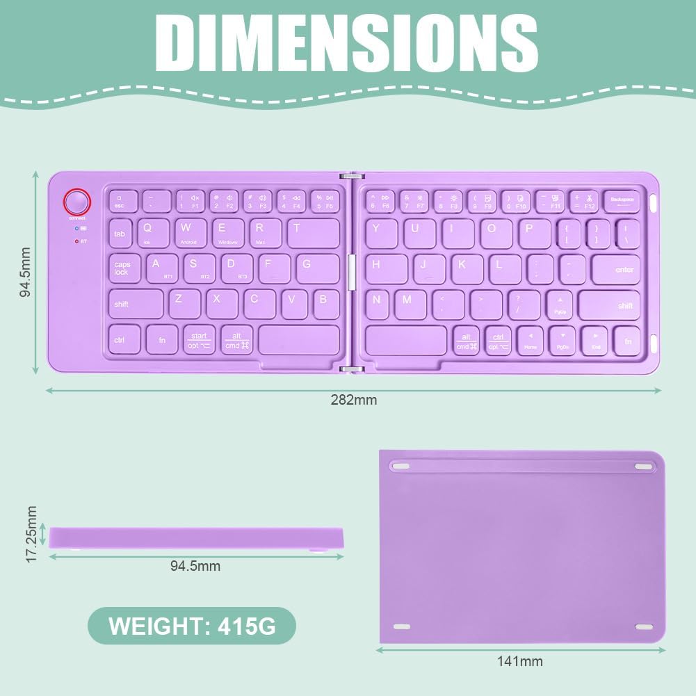 Faltbare Tastatur Klappbar, Wiederaufladbare kabellose Mini-Tastatur für iOS, Android, Windows, QWER