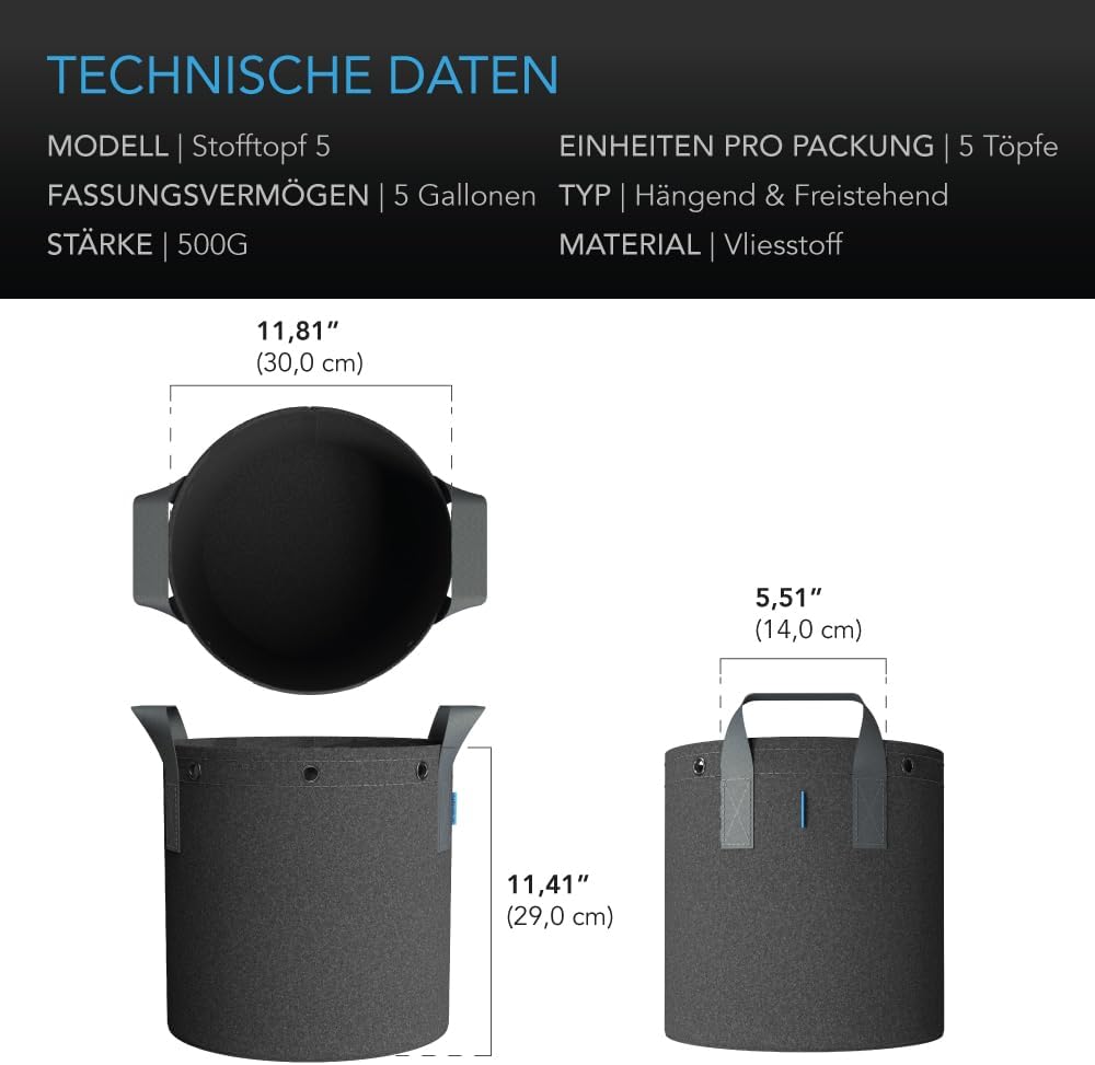 Robuste Stofftöpfe mit Ringen, für belastungsarmes Pflanzentraining, 5 Gallonen 5 gallons, 5 gallons