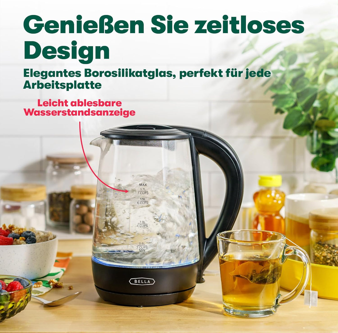 bella Elektrischer Wasserkocher, 1,7 l – Mobiler, schnurloser LED-Farbwechsel-Teekessel aus Klarglas