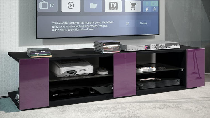 Vladon Lowboard Movie V2, TV-Kommode mit 6 offenen Fächern und Zierleisten, Schwarz matt/Brombeer Ho