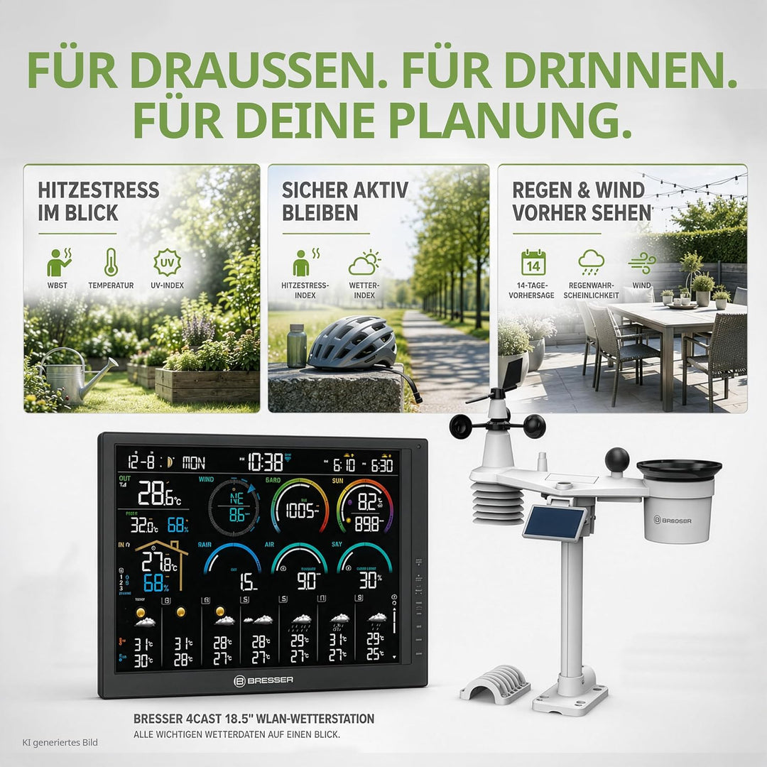 Bresser WLAN Wetterstation 18,5" mit 8-in-1 Sensor, 14-Tage Prognose, WBGT, UV-Solar, Regen- und Win