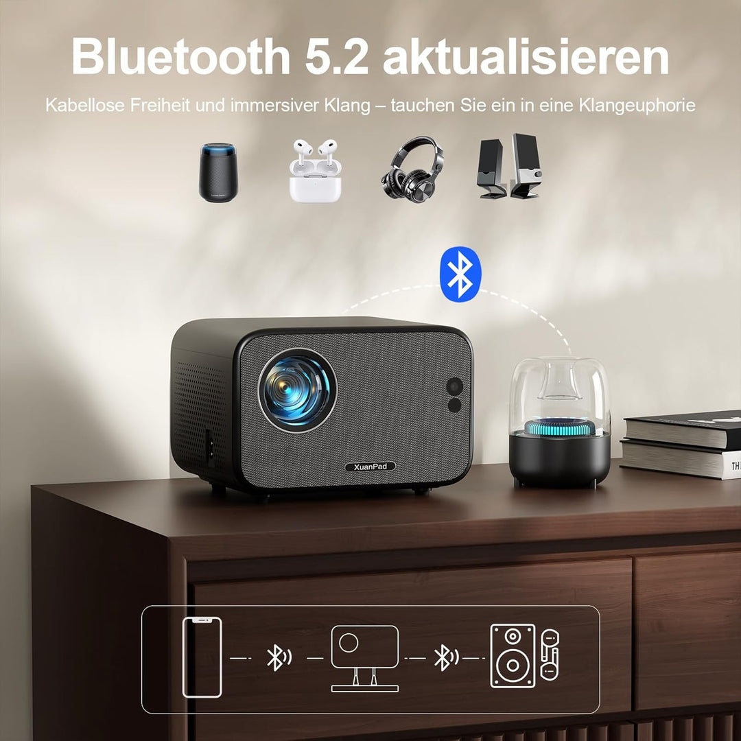 Smart Mini Beamer 4K kompatibel mit Apps XuanPad 30000 Lumen Beamer mit Autofokus & Trapezkorrektur,