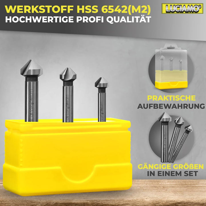 3 Stück 90° Profi Senker Set HSS M2 (6542) - Extra präzise für Holz, Metall und Kunststoff - ein Mus