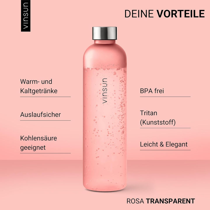 Vinsun Trinkflasche 1l pink - wiederverwendbar, Kohlensäure geeignet, BPA frei, Tritan - nachhaltige