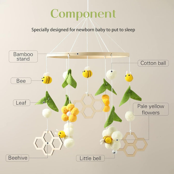 Mobile Baby Holz + Wollknäuel, Frische Blumen und Bienen, Windspiel Rassel Wickeltisch, Kinderzimmer