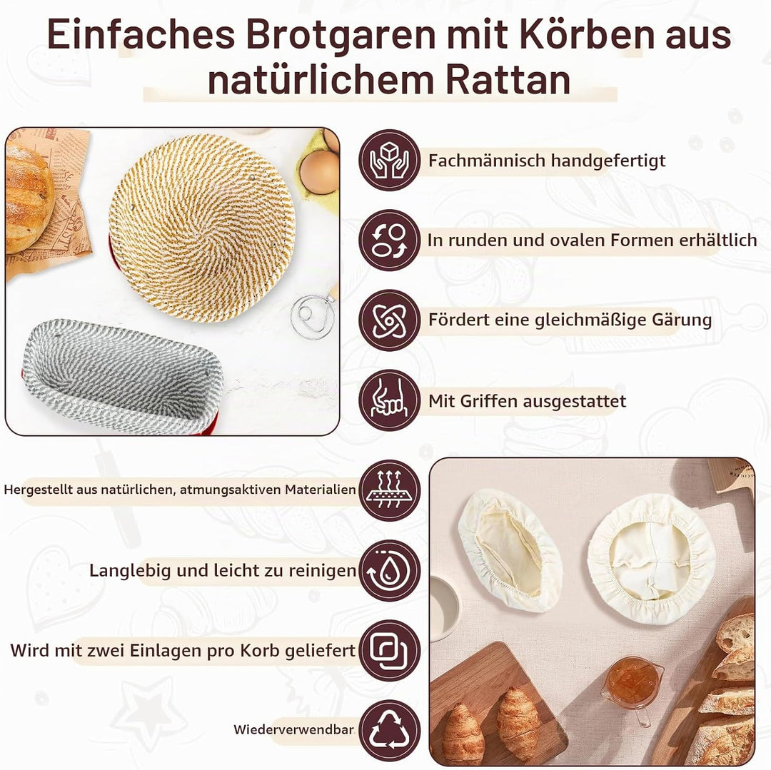 Brot Gärkörbchen Set, 14-Teilig Sauerteig Starter Set mit 2 Gärkörbe Rattan, Sauerteig Starterglas,
