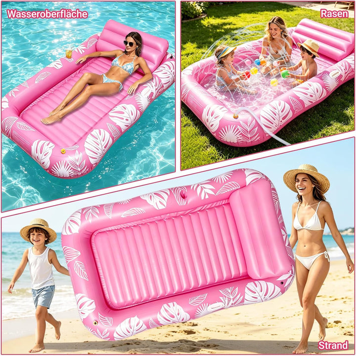 Tanning Pool mit Eingebautem Sprinkler, Luftmatratze Schwimminsel mit Getränkehalter, Griff und Rück