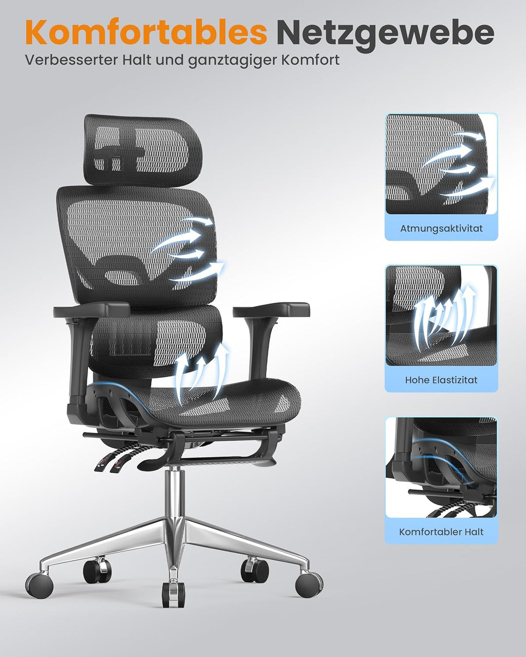 naspaluro Bürostuhl Ergonomisch, Schreibtischstuhl mit hoher Rückenlehne aus Netzgewebe, Belastbarke