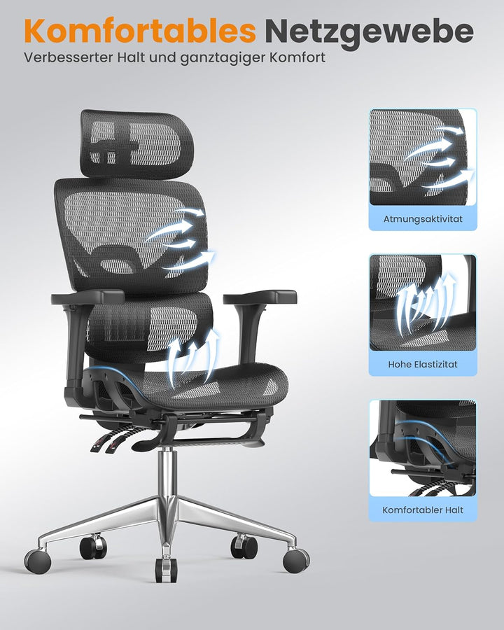 naspaluro Bürostuhl Ergonomisch, Schreibtischstuhl mit hoher Rückenlehne aus Netzgewebe, Belastbarke