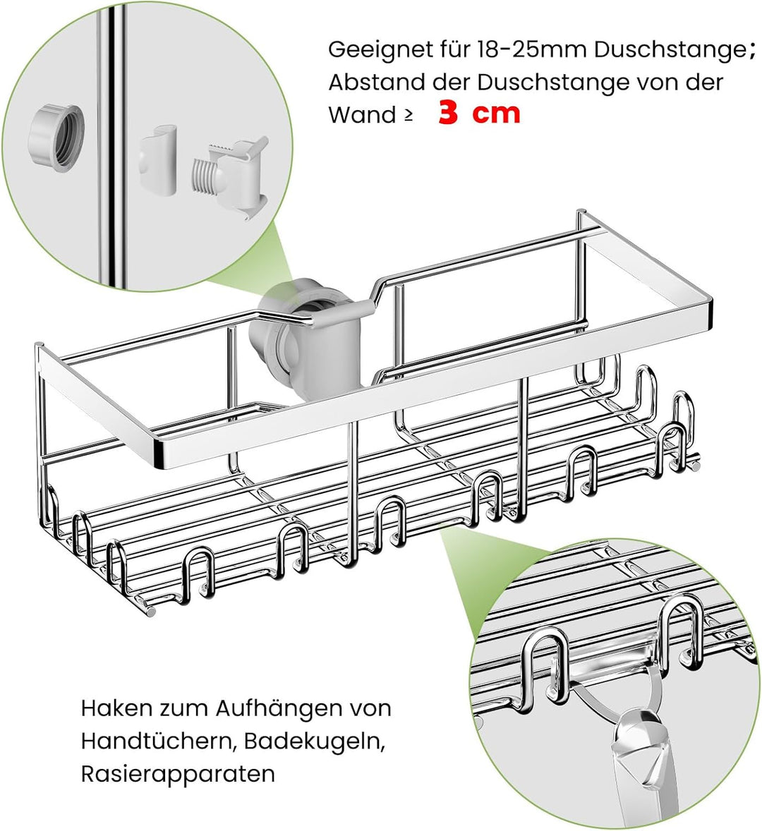 Duschablage Ohne Bohren für Duschstange (NUR für RUNDE Stangen 19mm-25mm)- Duschregal Aufbewahrungsr
