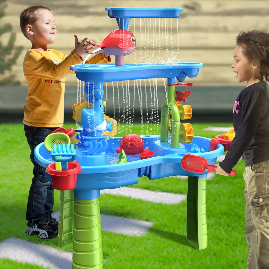 TEMI Wasserspieltisch für Kleinkinder, Sand- und Wassertisch 3-stufiger Outdoor-Spieltisch Sensorik-