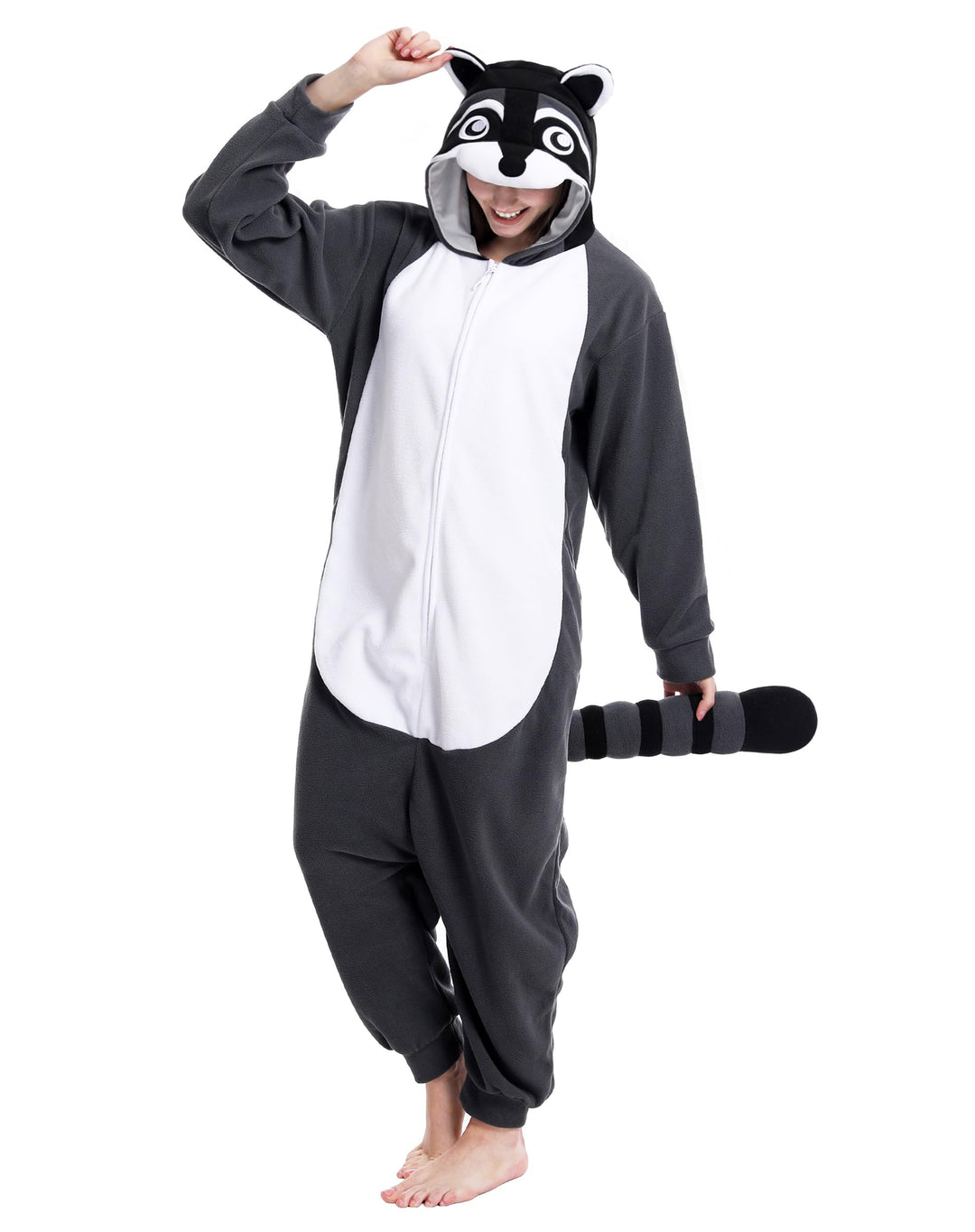 dressfan Unisex Waschbär Kostüm Tier Raccoon Onesie Pyjama Schlafanzug Jumpsuits Halloween Karneval