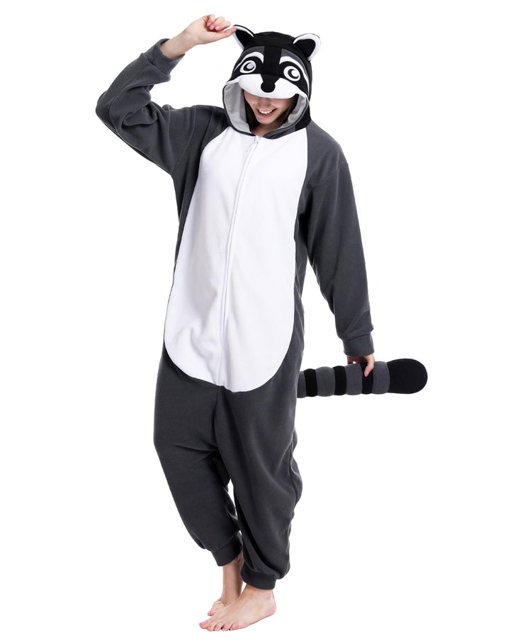dressfan Unisex Waschbär Kostüm Tier Raccoon Onesie Pyjama Schlafanzug Jumpsuits Halloween Karneval