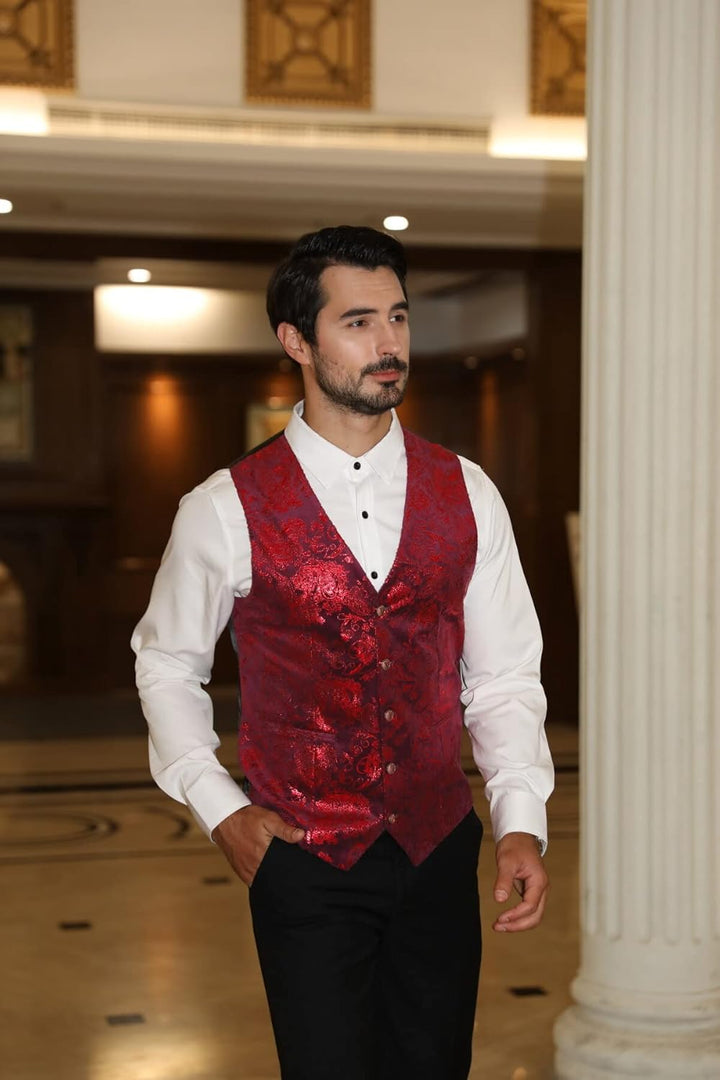 Allthemen Weste Herren Westen Gilet Jacquard Anzugweste für Hochzeit und Party M Rot1, M Rot1