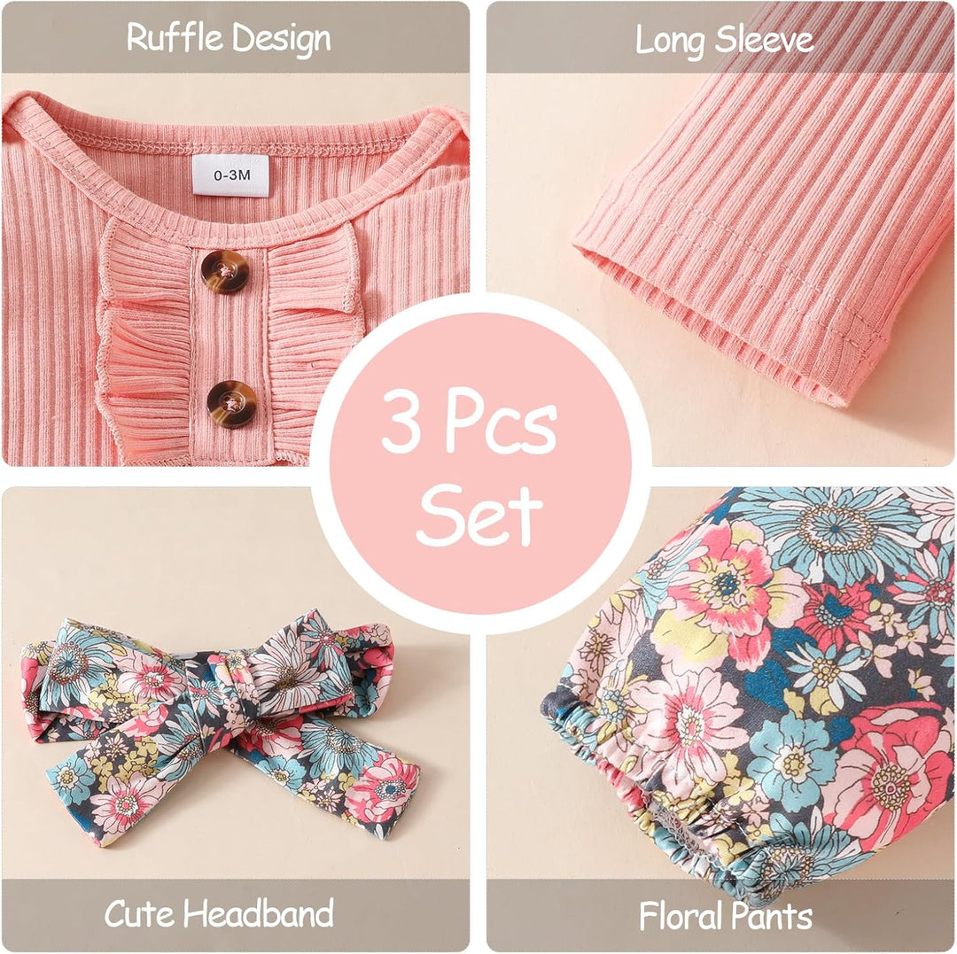 Neugeborenes Baby Mädchen Kleidung Kleinkind gerippt Ruffle lange Ärmel Strampler+ Floral Hosen+ Sti