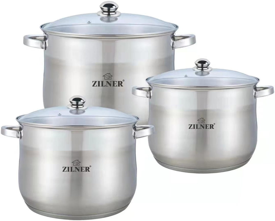 Topfset Edelstahl 6-teilig, Glasdeckel, 17 L 20 L 23 L, Silber | Kochtopf Set für Induktion, Gas, El