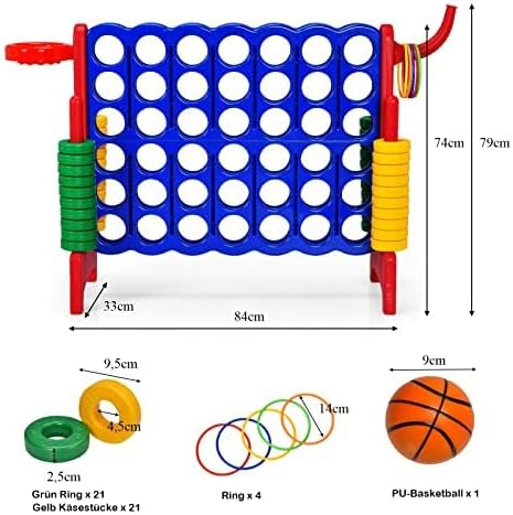 Riesiges 4 Gewinnt Spielset mit Wurfspiel und Basketballkorb, inkl. 42 Jumbo Ringen und Schieberegle