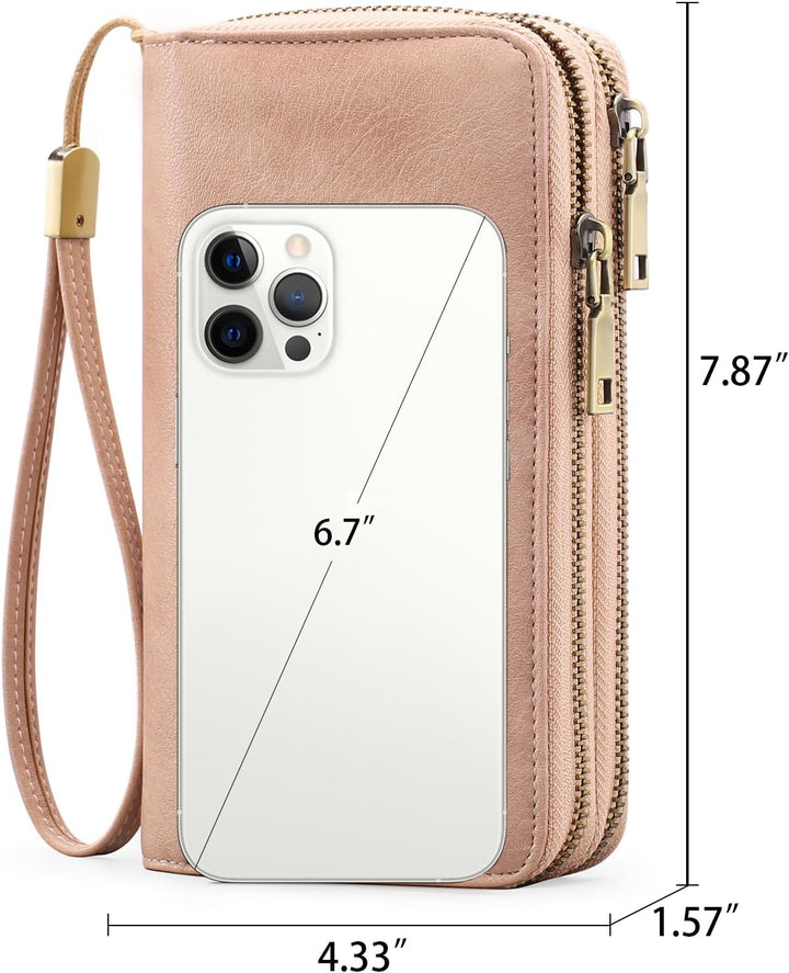 GAEKEAO Geldbörse Damen Gross, Portemonnaie Damen Veganes Leder Doppel Reissverschluss Kreditkartene