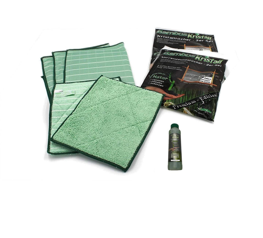 Bambus-Kristall 6er Set Premium - 3 Poliertücher & 2 Vorreinigungstücher + Reiniger 250ml